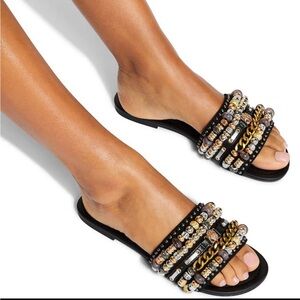 Kurt Geiger Black and Gold Embellished Slides